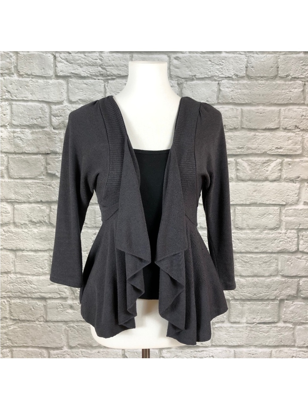 Vintage Kimchi Blue Grey Ruffle Open Front Cardigan sweater top cascading 3/4 sl